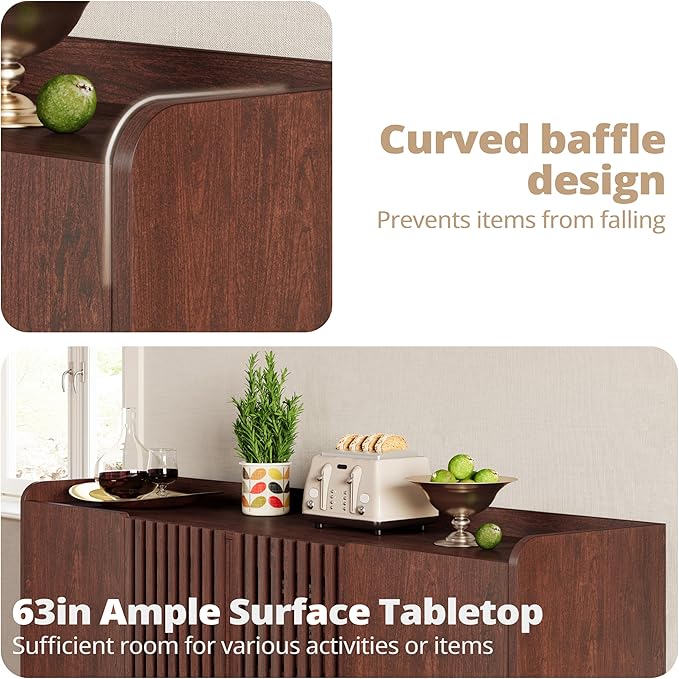 IRONCK Storage Cabinet, Buffet Cabinet with Grille Doors and 2 Adjustable Shelves, Mid Century Sideboard for Kitchen, Dining Room, Entryway（Natural Red Walnut）
