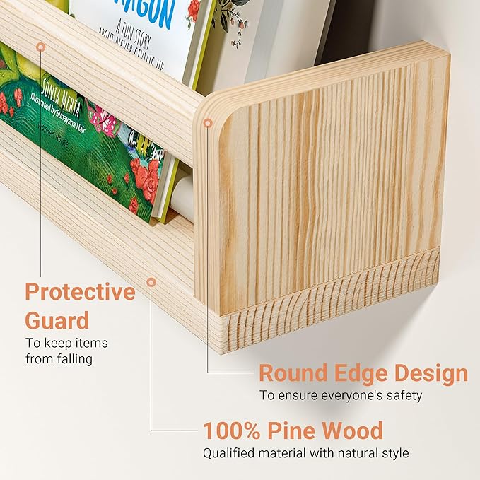 Heimlove 32 Inch Nursery Floating Shelves, Solid Wood Nursery Book Shelves for Wall, Mounted Bookshelf for Toddler Room, Baby Room, Wall Shelves for Books,Toys and Decor Storage, Set of 2