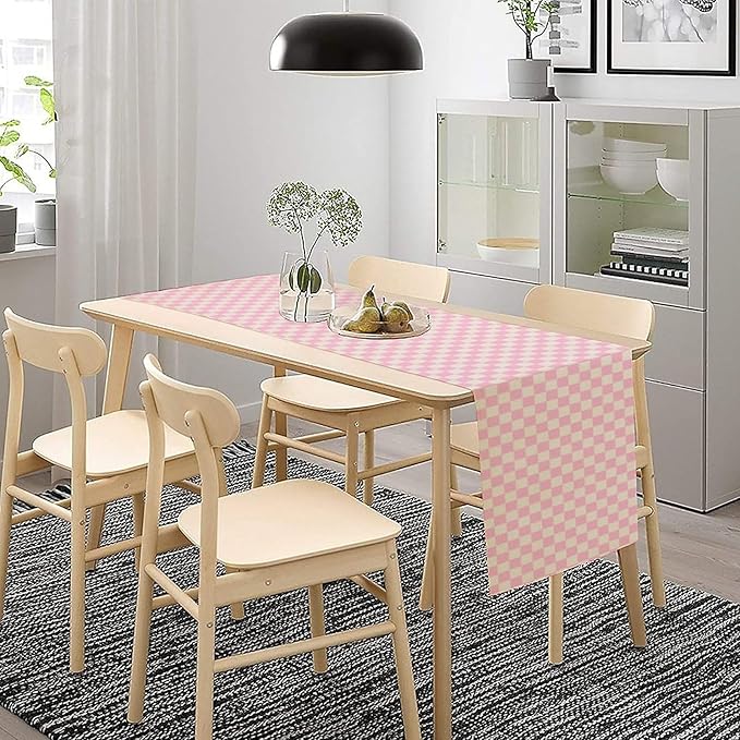70s Hippie Table Runner Groovy Pink Grid Square Modern Geometric Boho Dinner Runner for Living Room Kitchen Party Holiday Dinner Home Decor Autumn and Winter 13x36in