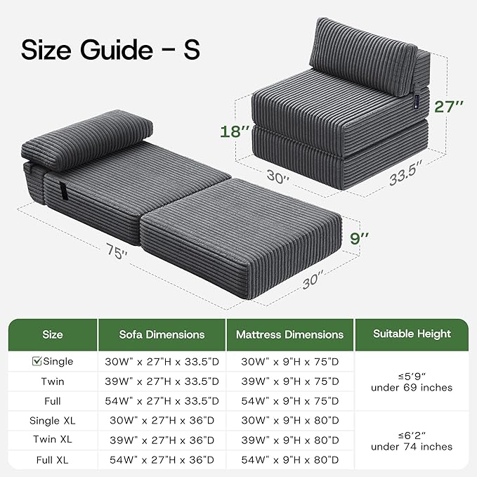 4-in-1 Folding Sofa Bed Convertible Chair Couch Foldable Chaise Lounger & Mattress Pocket Coils+Foam Fill, Portable No Assembly Boneless Sofa Floor Futon for Living Room/Bedroom, Gray Single