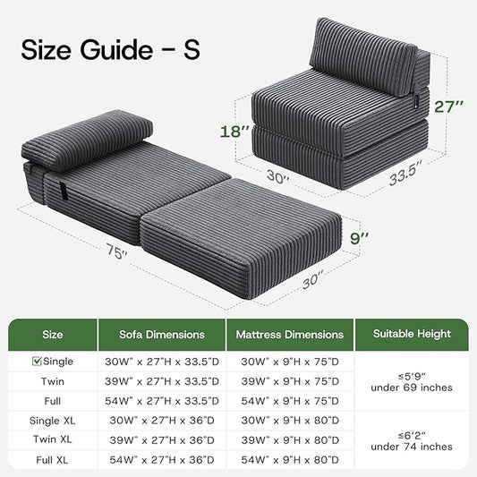 4-in-1 Folding Sofa Bed Convertible Chair Couch Foldable Chaise Lounger & Mattress Pocket Coils+Foam Fill, Portable No Assembly Boneless Sofa Floor Futon for Living Room/Bedroom, Gray Single