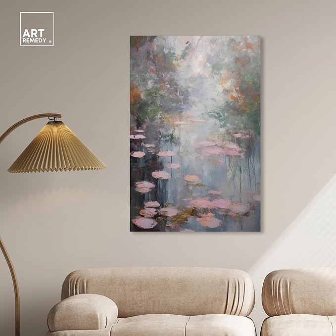 Art Remedy Pink Impressionisty Lilypads Gallery Wrapped Impressionism 1 Piece Canvas Wall Art/Monet And Van Gogh Inspired Art, 30" x 45", Gallery Wrapped