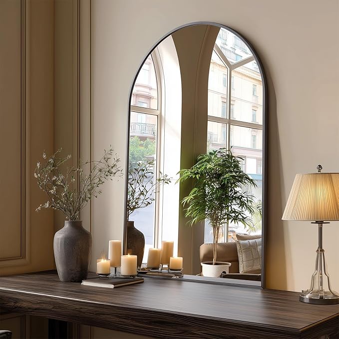 Wall Mounted Mirror, 26"x38" Arched Wall Bathroom Mirror, Black Vanity Wall Mirror with Metal Frame, Modern & Contemporary Arch Top Wall Mirror for Bedroom, Entryway, Living Room,Black