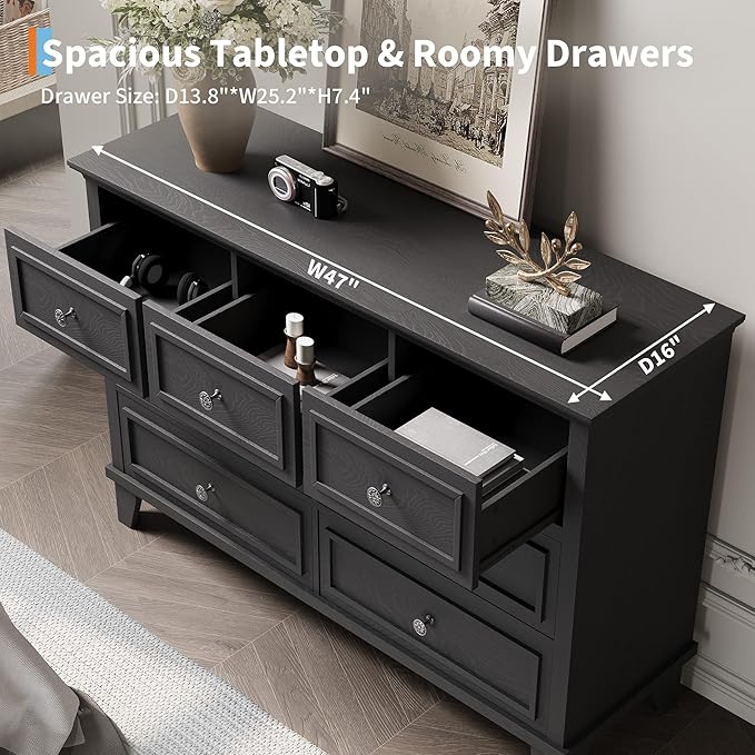 IDEALHOUSE 7 Drawer Dresser, Large Wooden Storage Chest of Drawers with Exquisite Metal Handles, 47" Wide Dresser TV Stand, Drawer Organizer for Bedroom, Living Room, Hallway, Entryway, Black