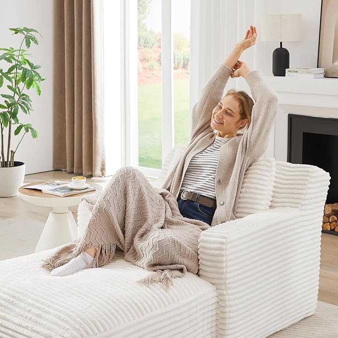 KEIKI 65.4" Indoor Single Chaise Sofa, Modern Corduroy Upholstered Lounger, No Assembly Required, Comfy Sleeper Chair for Living Room or Guest Space