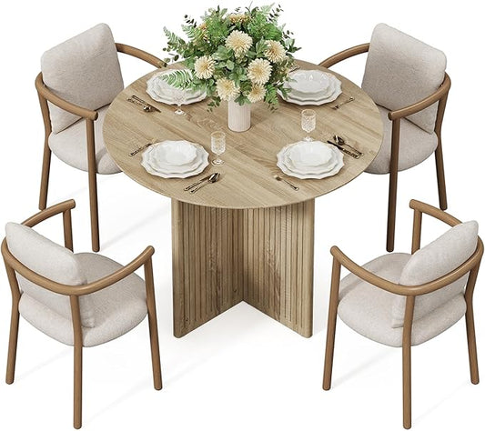 LITTLE TREE Round Dining Table for 4-6 People, Modern Wooden Kitchen Table with Pedestal Base, Small Dinner Table for Dining Room, Kitchen, Living Room