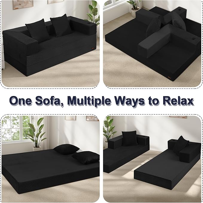 COMAX Boneless Couch, Futon Sofa Bed Couches Versatile Queen for Living Room, 79" 4 in 1 Convertible Sleeper Corduroy Couch Foam in a Box, Foldable Fold Out Floor Mattress No Assembly Required, Black