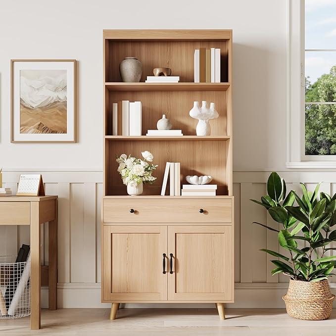 GarveeHome Tall Bookshelf with Storage Cabinet, 72.4" Wood Bookcase with Doors, Drawer & Open Shelves, Freestanding Display Bookshelves for Home Office, Living Room, Bedroom, Kitchen
