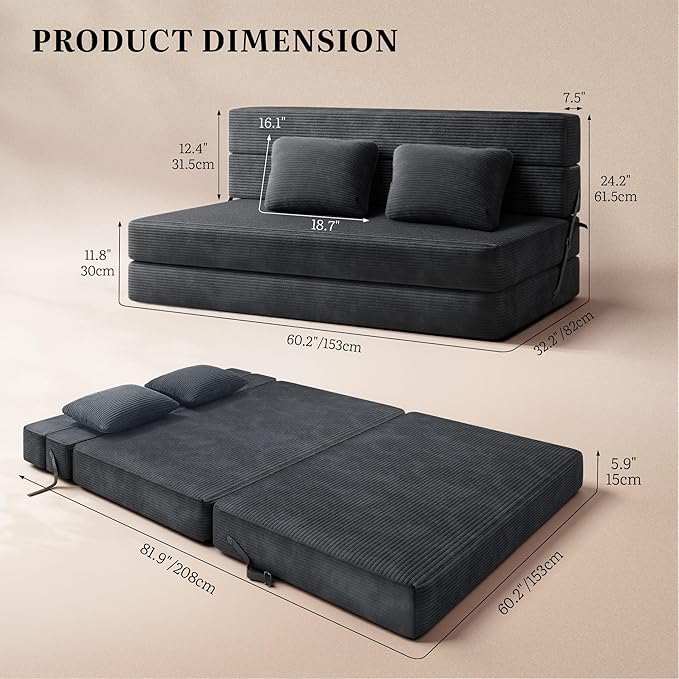 YITAHOME Convertible Folding Sofa Bed, Chair Bed Sleeper with Cushions, Corduroy Fabric Fold-Out Floor Couch, Foldable Mattress for Living Room, Bedroom, Dorm, Guest Room, Queen Size, Black
