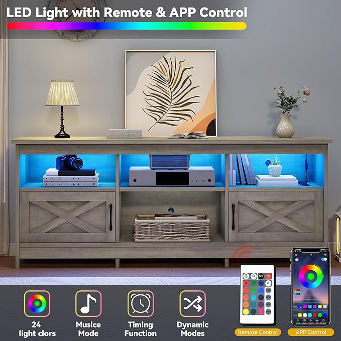 DWVO Farmhouse TV Stand with Power Outlets & LED Lights, Entertainment Center for TVs up to 80", TV Console with Storage Cabinets & Open Shelves for Living Room (Washed Grey)
