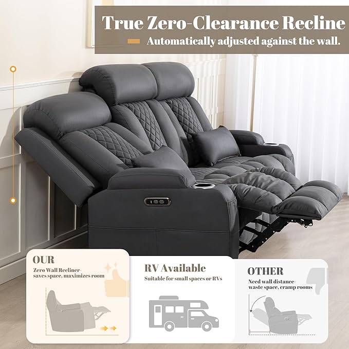 Zero Wall Hugger Power Reclining Sofa Set with Adjustable Headrest, Electric Reclining Couch with Drop-Down Table,Outlets, Power Loveseat Recliner Sofa for Living Room (Gray, Sofa+Loveseat)