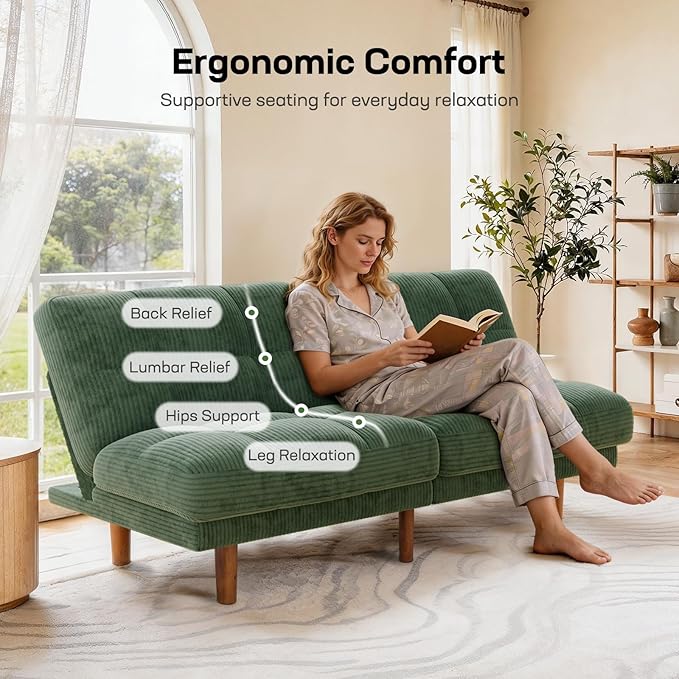 Marsail 65" Futon Sofa Bed, Convertible Small Recliner Sleeper Sofa Bed with Adjustable Backrest, Corduroy Loveseat Futon Couch for Small Apartments, Living Room Office, Guest Room (Green)