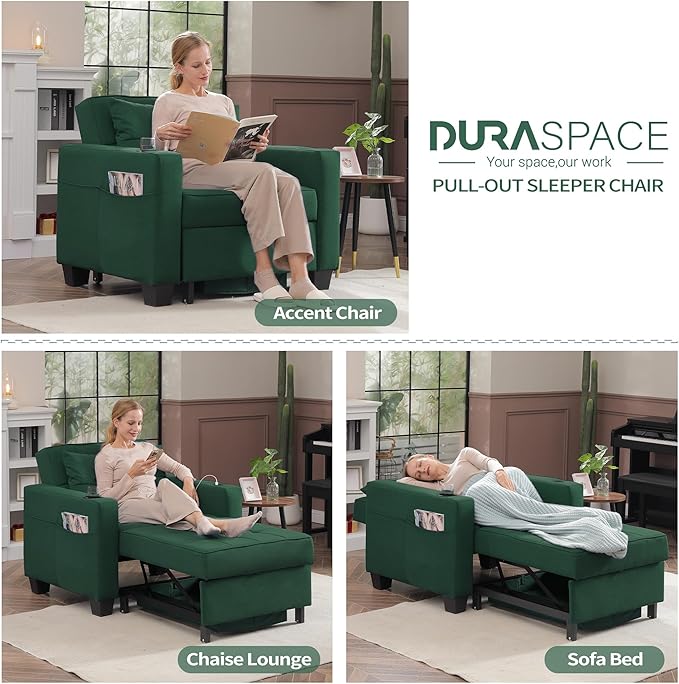 DURASPACE Pull Out Sofa Bed 3-in-1 Convertible Sofa Sleeper Chair Bed with USB, Cup Holder, Adjustable Armchair Beds for Small Spaces, Apartment, Living Room, Office (Green Linen)