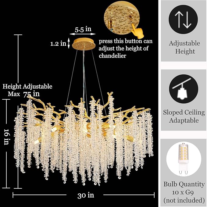 Modern Crystal Tree Branch Chandelier, Gold Round Art Deco Raindrop Lighting Fixture for Dining Room Bedroom Living Room 10 Lights D30''