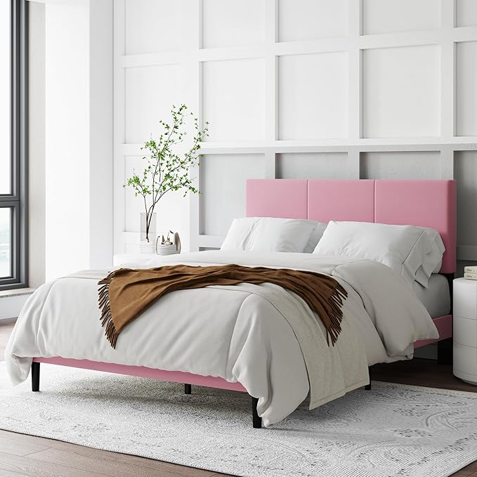 Full Size Bed Frame with Upholstered Headboard, Sturdy Wood Slats, No Box Spring Required, Silent, Easy Assembly,Pink
