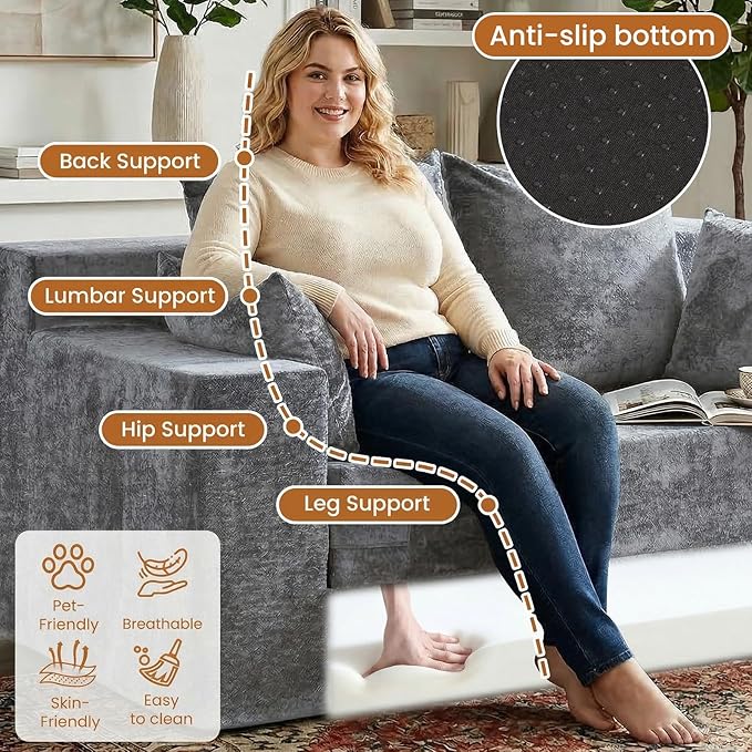 Convertible Sofa Bed, 5 in 1 Small Boneless Couch Pull Out Loveseat Sleeper Sofa,Corduroy Futon Couch Folding Mattress with 4 Pillows for Living Room (Light Gray, Loveseat(Silky Velvet))