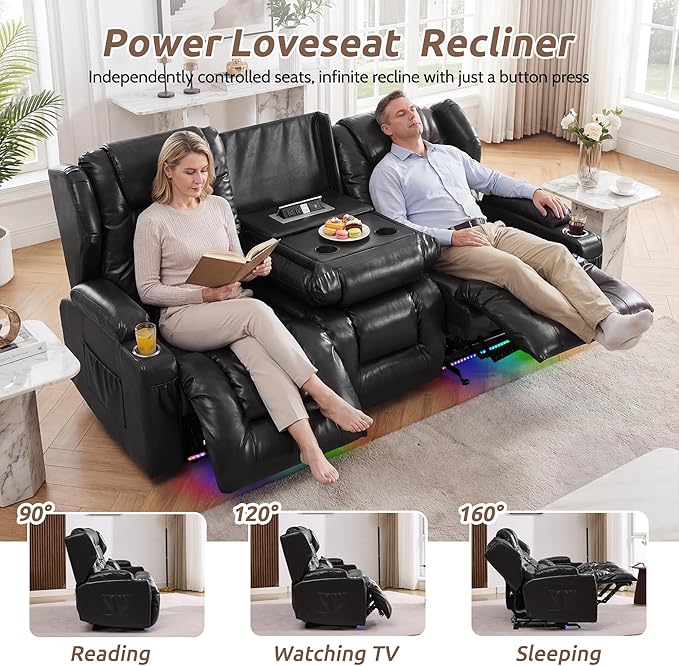 SAMERY Power Loveseat Recliner Sofa, Wall Hugger Reclining Loveseat Sofa, Movie Home Theater Seating with Flip-Backrest, Solid Wood Top, Ambient LED Lights, USB-C, Outlets, Faux Leather, Black | Extra Wide Seat