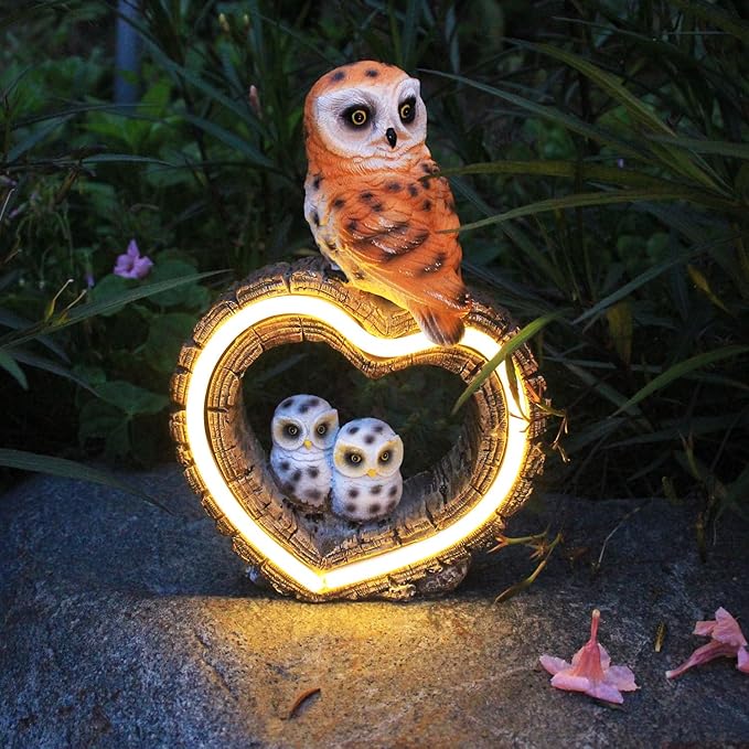 Solar Garden Owl Statue with Love Heart Light, Outdoor Decor for Yard Art Lawn Ornaments Porch Patio Balcony Home for Grandma Mom Women, with Dual Solar Panels Warm Garden Light