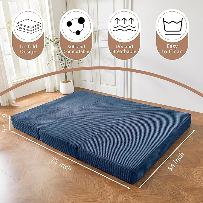 BYBYME Tri-Folding Corduroy Mattress, 6 Inch Gel Folding Mattress Topper, Foldable Soft Guest Bed Camping Pad, Washable Cover (Bluestone, Full)