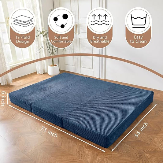 BYBYME Tri-Folding Corduroy Mattress, 6 Inch Gel Folding Mattress Topper, Foldable Soft Guest Bed Camping Pad, Washable Cover (Bluestone, Full)