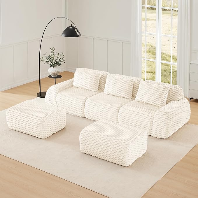 KEIKI 114" Oversized 3-Seater Boneless Couches for Living Room, Space Friendly Modular Sectional Velvet Sofa U-Shaped, Deep Seat Soft Lounge Couch No Assembly, Modern Comfort Design, Cream