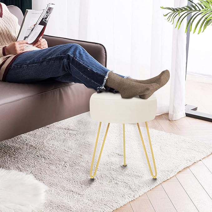 Velvet Soft Modern Vanity Footstool -Round Footrest Stool Ottoman Side Table Seat Dressing with Golden Metal Leg and Sponge Filling,Upholstered Foot Rest,Living Room and Bedroom （Beige）