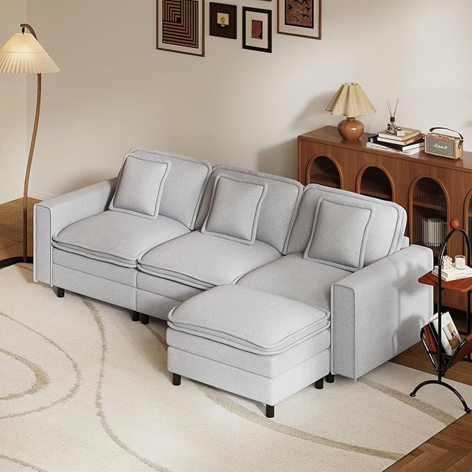 MALOL Modular Sectional Sofa 107", Comfy Cloud Couch with Ottoman, Deep 4-Seat L Shaped Modular Sofa, Couches with Throw Pillows for Living Room, Light Grey