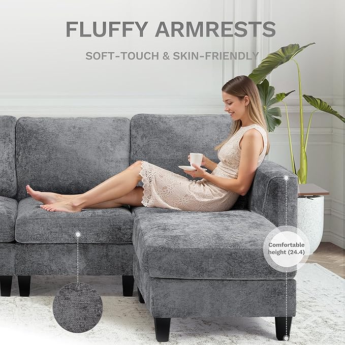 MALOL 118" U-Shaped Sectional Couch, 4-Seat Modular Sofa with USB Type C Ports, 2 Ottomans and Foldable Side Table, Grey for Living Room