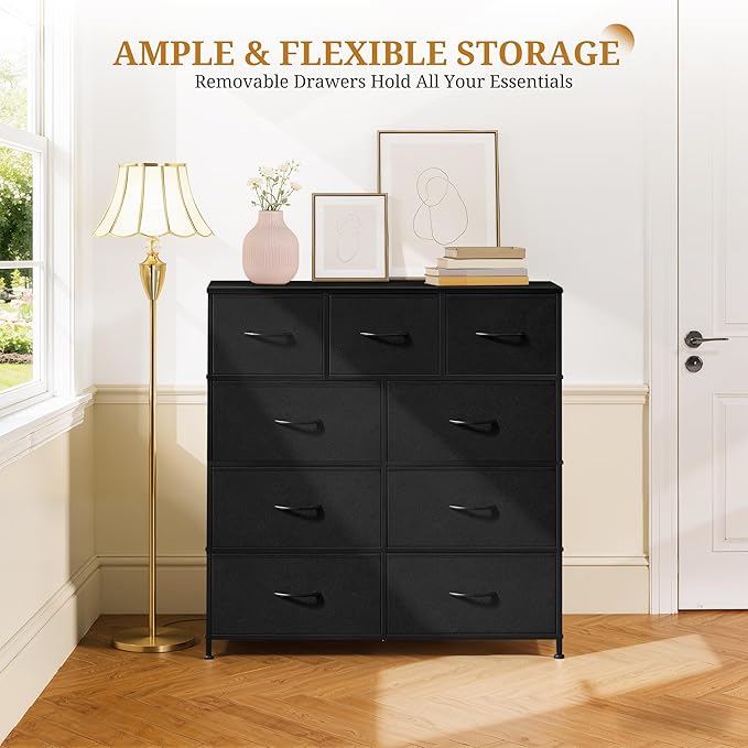 Dresser with 9 Drawers for Bedroom, Fabric Clothes Cabinet for Closet, Anti-Tip Storage Dresser with Metal Frame for Living Room, Entryway, Dorm, Black
