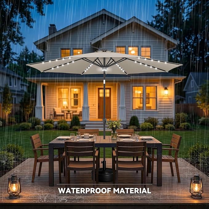 10FT Solar Umbrella Outdoor - Lighted Solar Patio Umbrella with 40 LED Lights Waterprool UV Protection, Table Umbrella with Tilt for Pool, Porch, Garden, Deck, Backyard (Taupe)