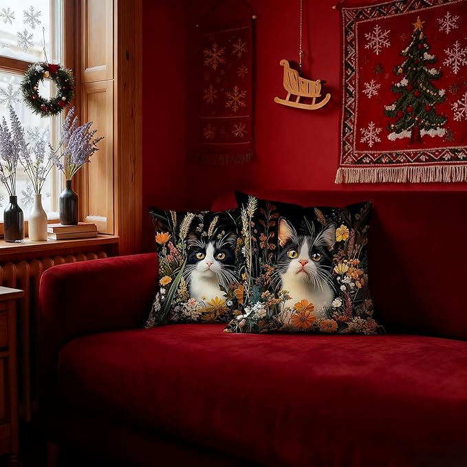 William Morris Inspired-Vintage Dark Floral Tuxedo Cat Pillow Covers 18x18 Set of 2, Tuxedo Cat Gifts, Cottagecore Botanical Kitty Kitten Decorative Pillow Covers for Home Living Room Bedroom