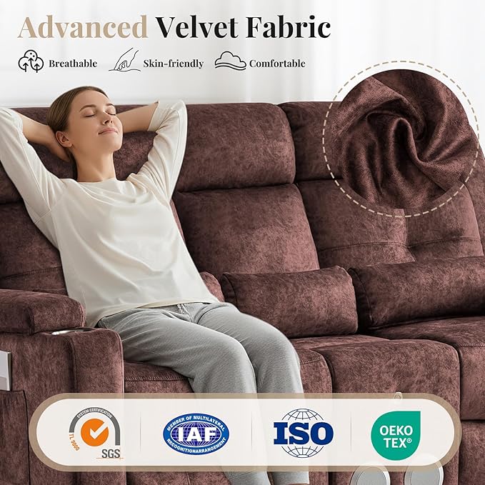 RV Power Loveseat Recliner Sofa with Console|RV Reclining Loveseat with Bluetooth Speaker & LED Light | RV Wall Hugger Double Recliner Loveseat Sofa 3 Pillows (Velvet Brown) | LED Light, Electric Tilt, Hidden Storage, Comfy Velvet