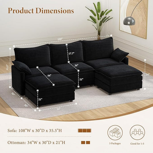 Vesgantti 108" U Shaped Sectional Couch, Comfy Cloud Modular Sectional Sofa with 2 Ottoman Deep Seat Corduroy Modern Cloud Sofa, Modular Sofas for Living Room, Bedroom and Apartment, Black | Sink-in Comfort, Height Adjustable, Easy Rearrangement, Extra...