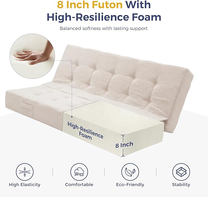 MAXYOYO 8" Foldable Floor Sofa Bed, Tufted Foldable Couch Bed Thick Folding Mattress with Handles, Versatile Folding Sofa Couch for Floor Sleeping, Living Room & Guest Room, Beige