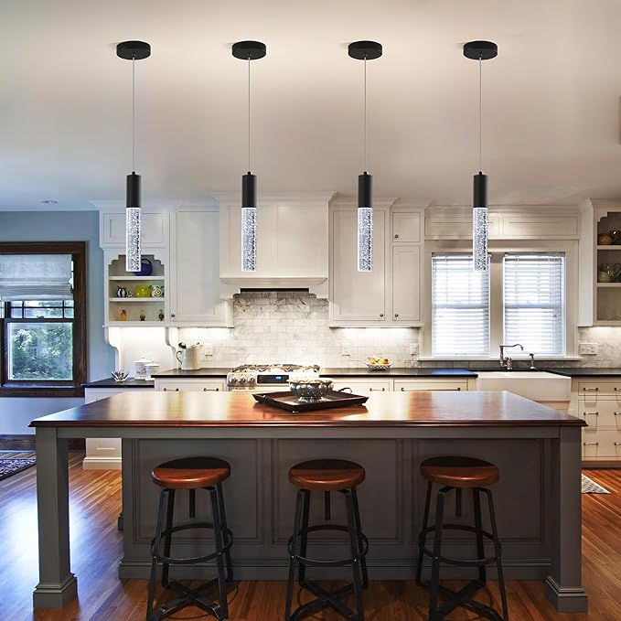 3-Pack Modern Crystal Pendant Light for Kitchen Island, Elegant Black LED Bubble Hanging Chandelier Lighting Fixture for Dining Room Bedside