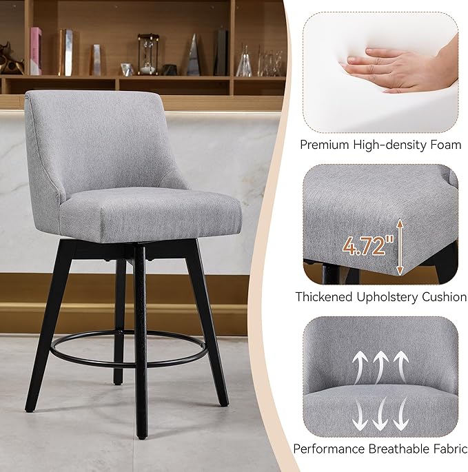 Vipbear Counter Height Bar Stools Set of 2, 26" H Swivel Bar Stools with Backs, Linen Fabric Upholstered Bar Chairs with Solid Wood Legs for Kitchen Island, Dining Room, Home Bar, Light Grey