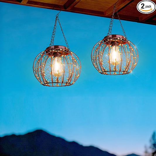 Hanging Solar Lanterns Outdoor Waterproof, Vintage Copper Hanging Lights, Solar Chandelier for Yard Garden Gazebo Pergola Porch Decor, 2 Pack