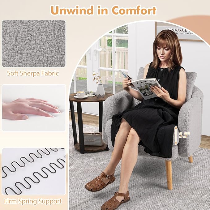 Giantex Sherpa Accent Chair, Modern Upholstered Single Sofa Chair with Back Pillow & Solid Rubber Wood Legs, Teddy Barrel Arm Chair for Reading, Living Room, Bedroom, Office, Grey