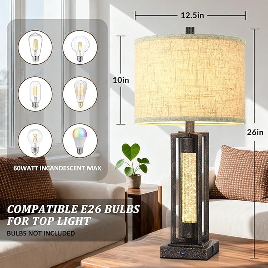 TOBUSA 26’’ Vintage Table Lamps for Living Room Set of 2, Rustic Lamps for Bedroom with 2 USB Ports and Crystal Night Light, Farmhouse Bedside Lamps with Linen Shade for Night Stands End Table, Bronze