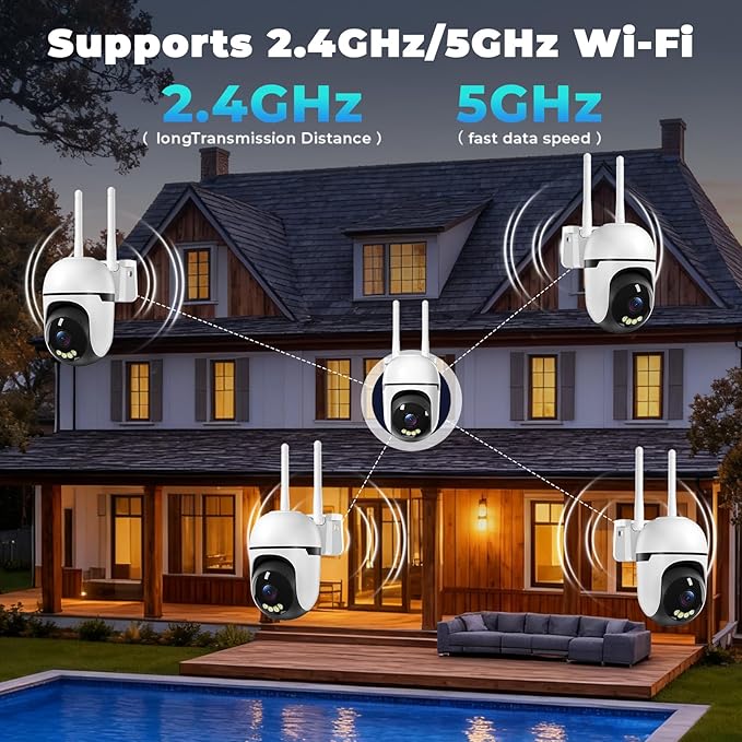 Security Camera Outdoor Wired,2K Security Cameras Outdoor,2.4G & 5GHz WiFi Surveillance Camera Home/Dome,IP66 Waterproof,360° PTZ Auto Tracking,Color Night Vision/AI Alert