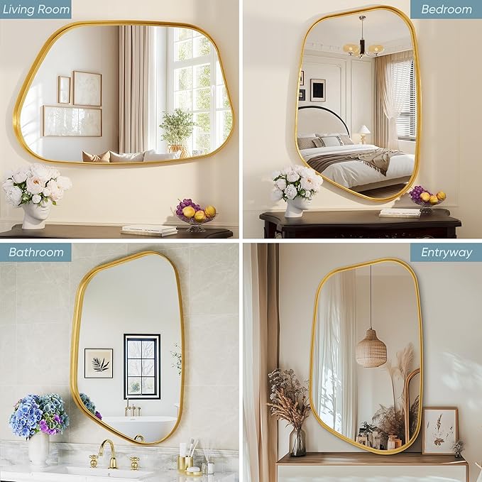Irregular Wall Mirror 55"x28" Bathroom Mirrors Asymmetrical Artistic Decorative for Living Room Bedroom Bathroom Hallway Entryway,Trapezoid,Gold
