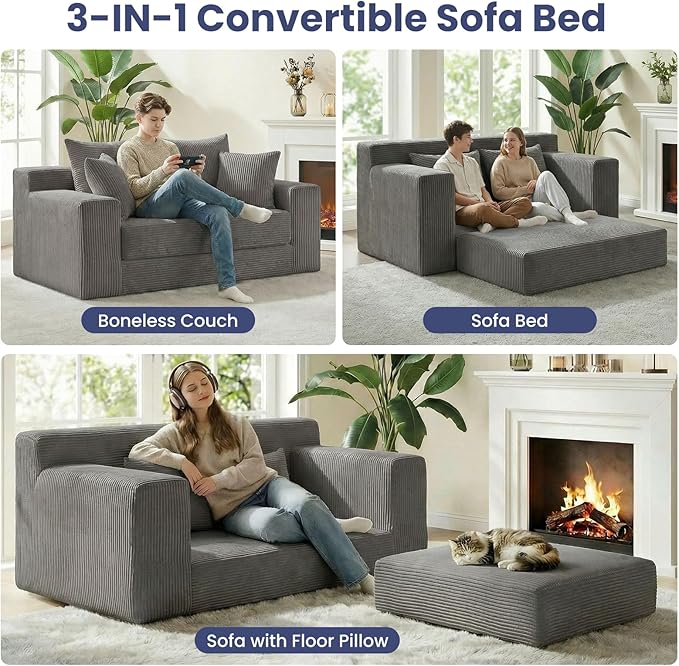 3-in-1 Convertible Sofa Bed: Boneless Loveseat Sleeper & Folding Couch Bed with 4 Pillows & Detachable Cushion for Bedroom, Small Space, Guest and Living Room, Corduroy Futon, No Assembly,Grey