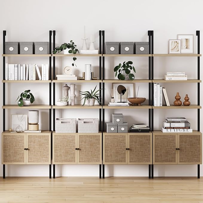 Nathan James Theo Industrial Open Shelf Bookcase with Accent Rattan Drawers Light Oak Wood, Matte Black Frame, Set of 4