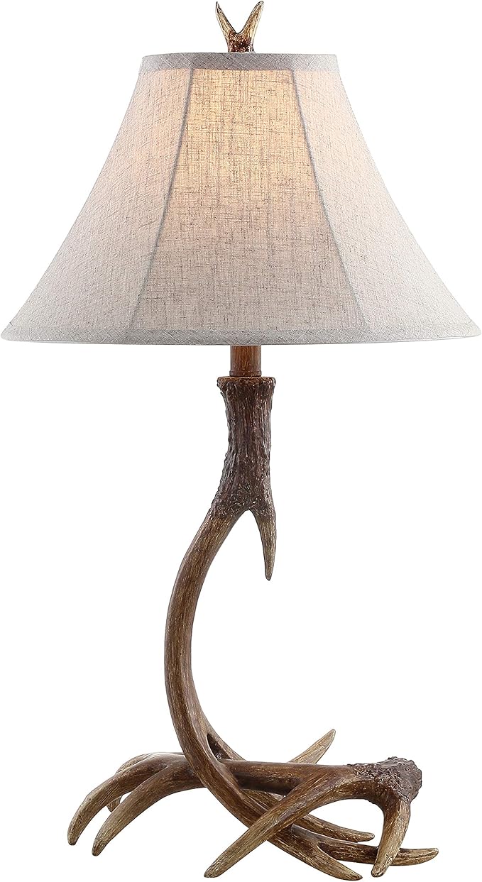 JONATHAN Y 27.5" Brown Antler Rustic Resin Table Lamp for Living Room Bedroom, Light Grey Linen Shade, Farmhouse Lodge Nightstand Lamp, LED Bulb Included JYL6305A