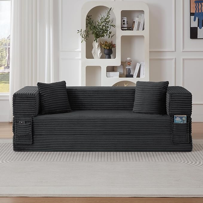 Ball & Cast Modern Upholstered Sofa with 2 Pillows,Boneless Corduroy Couch W/Deep Seat,Convertible Folding Sleeper Sofa Bed for Living Room,Bedroom,Apartment,No Assembly,Dark Gray,78"