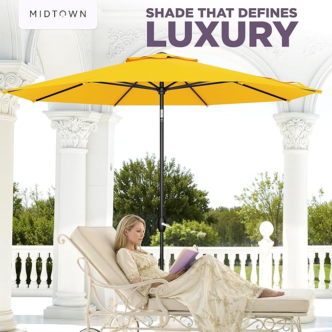 Midtown Umbrellas - The Lean 9 Ft Patio Umbrella with Fade-Resistant Sunbrella Fabric, Auto-Tilt Aluminum Frame and 8 Reinforced Ribs for Deck, Pool & Garden - Yellow Canopy, Black Pole