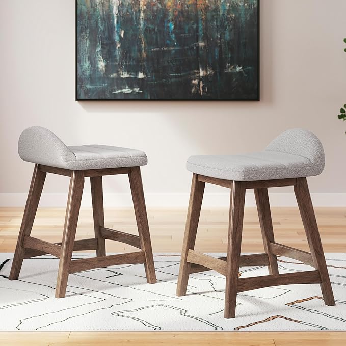 Signature Design by Ashley Lyncott Contemporary Counter Height Upholstered Bar Stool with Foam Cushion, Set of 2, Fabric Upholstery, 24.25", Light Gray & Brown