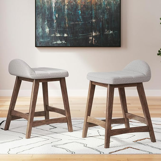 Signature Design by Ashley Lyncott Contemporary Counter Height Upholstered Bar Stool with Foam Cushion, Set of 2, Fabric Upholstery, 24.25", Light Gray & Brown