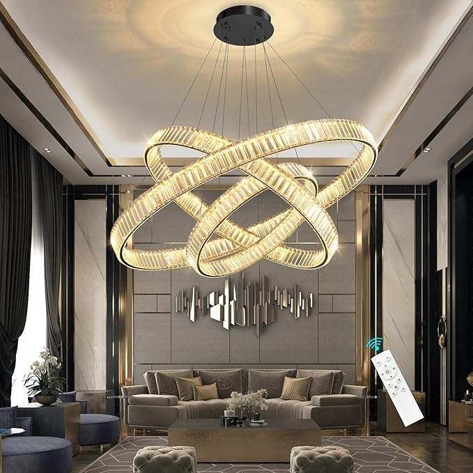 24''+32''+40'' Modern Ring Chandelier Crystal Chandeliers for Dining Room Round LED Dimmable Ceiling Light Fixture for Living Room Bedroom Lighting Black