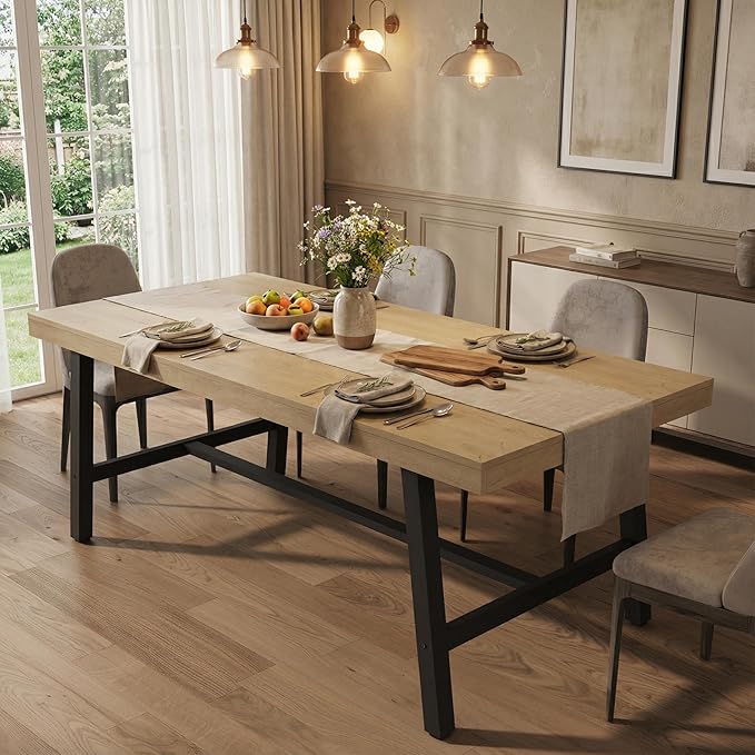 70” Large Dining Table for 6-8 People, Rustic Industrial Farmhouse Kitchen Table, Rectangle Wooden Dining Room Table with Heavy-Duty Metal Frame, Stable & Waterproof for Home, Kitchen, Dining Room
